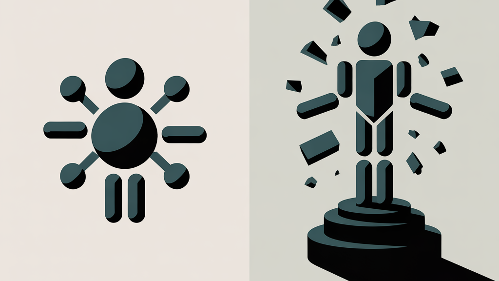 KI generierte Symbolgrafik mit zwei gegenübergestellten Figuren: Links eine abstrahierte Person mit mehreren Armen als Metapher für Effizienz, rechts eine Figur, deren Einzelteile dynamisch auseinanderbrechen, dargestellt auf einem Podest.