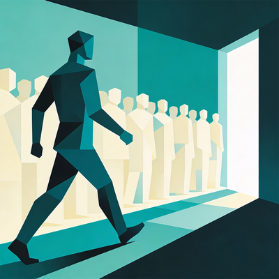 Stilisierte Illustration einer gehenden Person vor einer Reihe wartender Menschen, die auf eine helle Türöffnung zulaufen.
