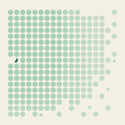 Abstrakte grafische Komposition im Bauhaus-Stil: ein Raster identischer Kreise in Mint, das nach rechts zunehmend verblasst, während eine einzelne dunkelblaugrüne Eulen-Silhouette abseits des Rasters stehen bleibt.