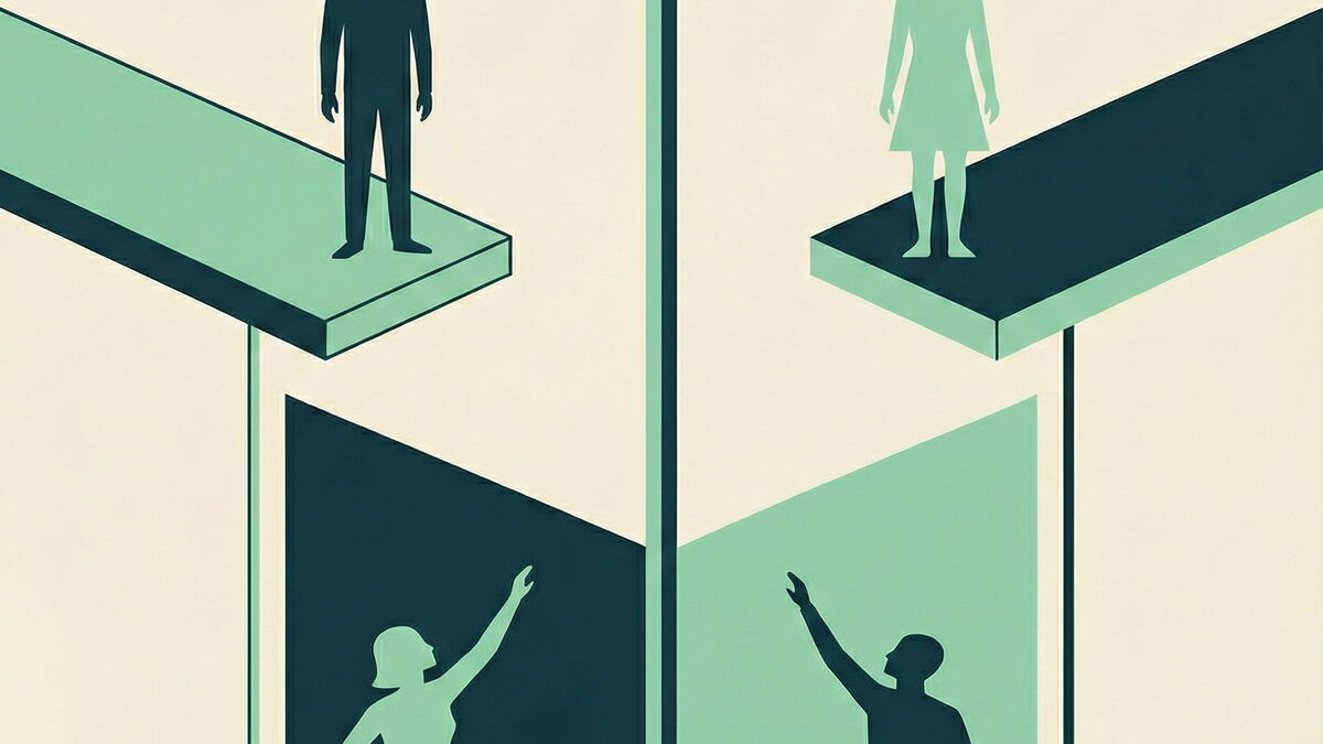 KI Illustration zweier Personenpaare auf zwei Ebenen: Links steht ein Mann oben, während eine Frau unten nach oben greift („Past Injustice“). Rechts steht eine Frau oben, während ein Mann unten nach oben greift („Present Injustice“). Die Grafik visualisie