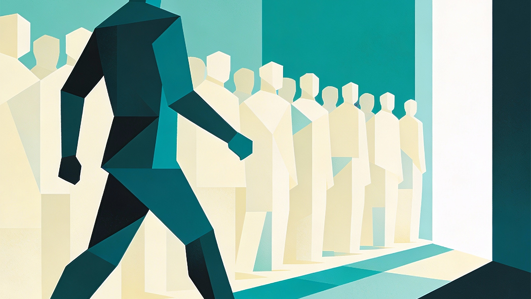 Stilisierte Illustration einer gehenden Person vor einer Reihe wartender Menschen, die auf eine helle Türöffnung zulaufen.