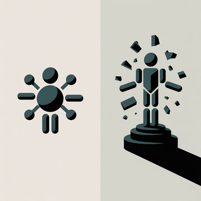 KI generierte Symbolgrafik mit zwei gegenübergestellten Figuren: Links eine abstrahierte Person mit mehreren Armen als Metapher für Effizienz, rechts eine Figur, deren Einzelteile dynamisch auseinanderbrechen, dargestellt auf einem Podest.