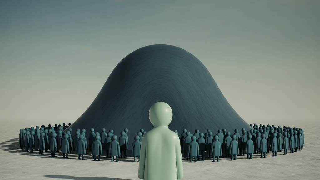 KI generierte abstrakte Darstellung einer großen Menschenmenge, die kreisförmig um einen zentralen, einzelnen Menschen steht. Der einzelne Mensch blickt auf einen großen dunklen Hügel vor sich, während der Rest der Menge am Rand verharrt