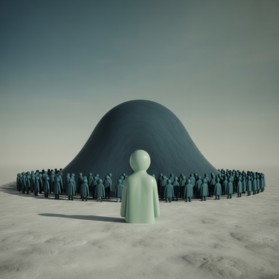 KI generierte abstrakte Darstellung einer großen Menschenmenge, die kreisförmig um einen zentralen, einzelnen Menschen steht. Der einzelne Mensch blickt auf einen großen dunklen Hügel vor sich, während der Rest der Menge am Rand verharrt