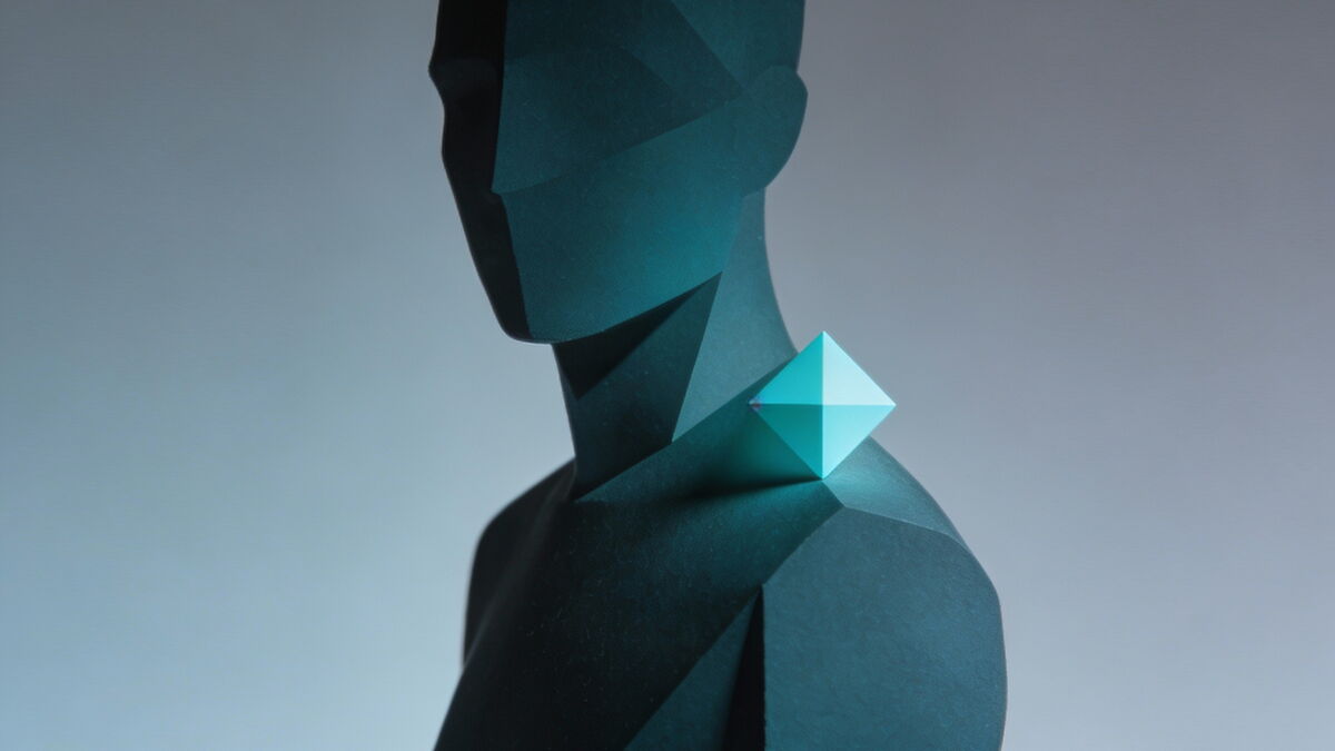 Abstrakte, geometrische Darstellung einer menschlichen Figur im Profil mit einem leuchtenden, diamantförmigen Element auf der Schulter.