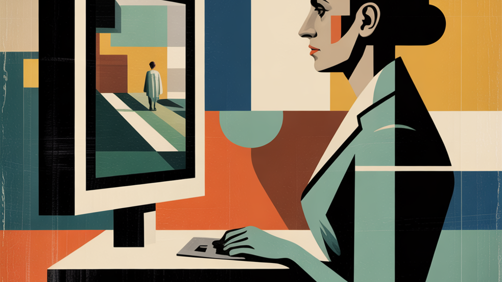 KI generiertes Stilisiertes, geometrisches Illustrationsmotiv einer Frau, die an einem Computer arbeitet und auf dem Bildschirm eine Person betrachtet, die in einer abstrakten, farbblockartigen Umgebung steht.