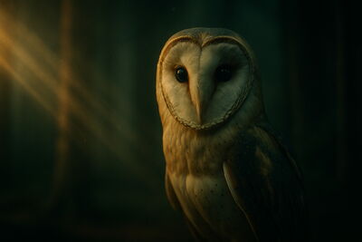 Nahaufnahme einer KI generierten Schleiereule, die in einem dunklen, nebeligen Wald im warmen Seitenlicht steht und mit großen Augen in die Kamera blickt. Symbol für Klarheit, Fokus und Empathie in der Marken- und Führungsarbeit.