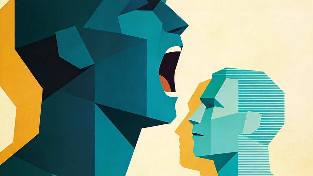 Abstrakte KI Illustration von zwei gegenüberstehenden Personen, eine groß und laut, die andere kleiner und ruhig dargestellt.