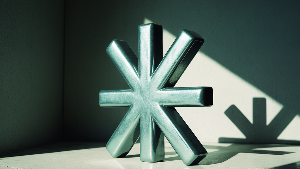 KI generiert es Bild - Metallic-türkises Sternsymbol aus acht gleich langen Armen, das im schrägen Sonnenlicht auf einem hellen Boden steht und einen deutlichen Schatten wirft.